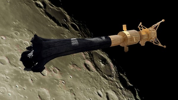 Composite artwork by Ignacio Bunster-Ossa combining a 28-foot wooden tree trunk sculpture by Cristián Salineros superimposed over an image of the moon